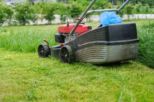 Closeup of lawn mower mowing green grass, city courtyard of an apartment building — Stock Photo, Image
