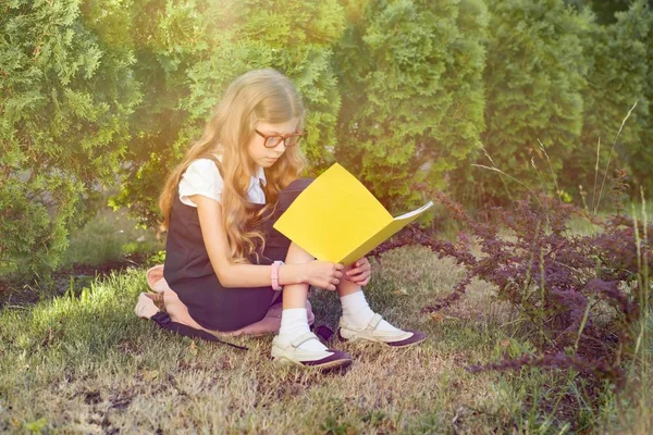 Открытый портрет школьницы, сидящей на траве, читающей школьную тетрадь. Начать школу — стоковое фото