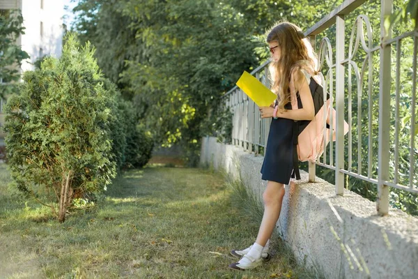 Colegiala estudiante de primaria con gafas con mochila lectura cuaderno de la escuela, de pie cerca de valla, en el patio de la escuela . —  Fotos de Stock