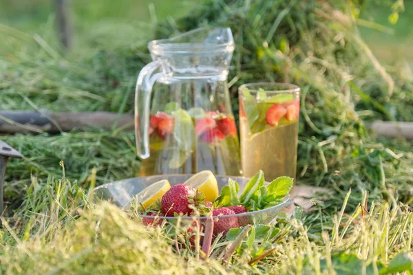 Летом освежающие натуральные домашние напитки, кувшин и стакан травяного чая с клубничным мятным лимоном на траве — стоковое фото