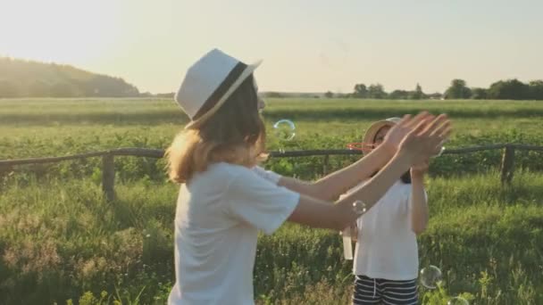 Niños soplando burbujas de jabón, dos chicas jugando en la naturaleza — Vídeo de stock