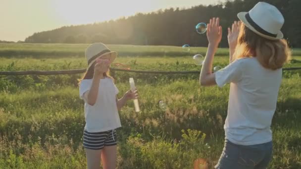 Kinder pusten Seifenblasen, zwei Mädchen spielen in der Natur — Stockvideo