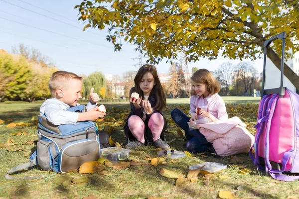 Jesienny portret dzieci z pudełka na lunch, Plecaki szkolne. — Zdjęcie stockowe