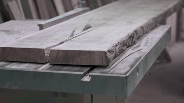 Nahaufnahme Von Holzplanke Auf Holzbearbeitungsmaschine Einer Tischlerei Tischler Mit Hobel — Stockvideo
