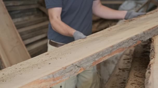 Primer Plano Manos Carpinteros Con Madera Tablón Taller Carpintería — Vídeo de stock