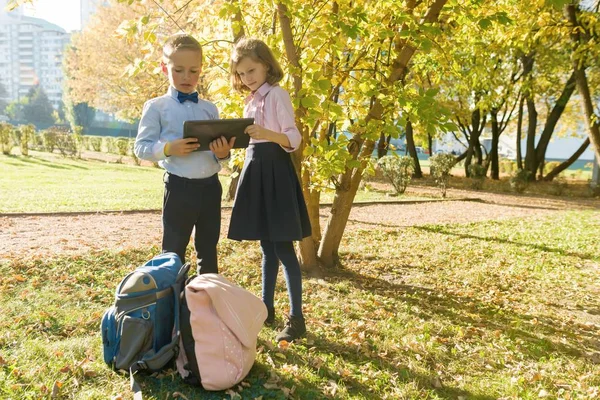 Двоє дітей дивляться цифровий планшет, фон осінній сонячний парк — стокове фото