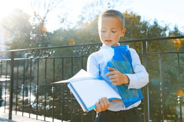 Küçük akıllı öğrenci 6, 7 yaşında, gözlüklü, kitaplı ve sırt çantasıyla. Arka plan sonbahar güneşli park, altın saat