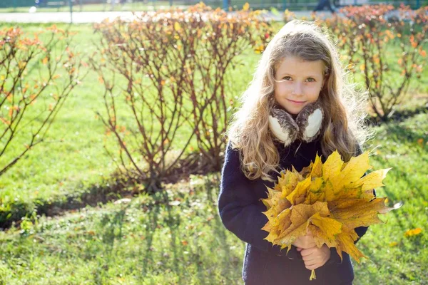 Sarı akçaağaç yaprakları, sonbahar arka plan, kopya alanı ile küçük kız Portresi — Stok fotoğraf