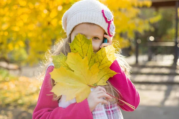 Retrato de niña con hojas de arce amarillo, fondo otoñal — Foto de Stock