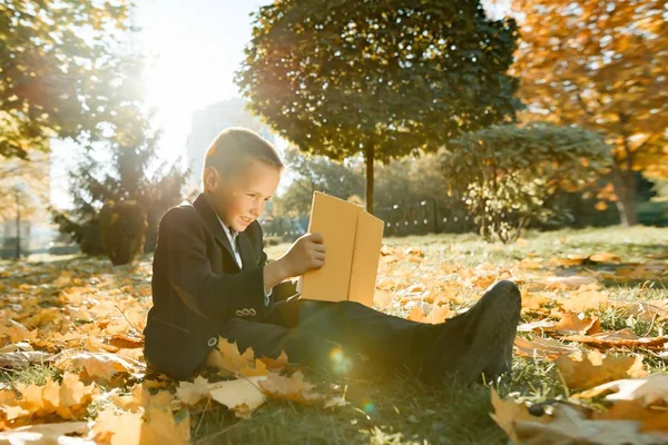 Retrato de otoño al aire libre de un colegial leyendo un libro, fondo de árboles amarillos en el parque, un niño con chaqueta, hora dorada — Foto de Stock