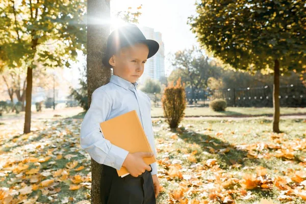 Loukkaantunut pikkupoika hatussa, klassinen paita kädessään kirja. Seisoo puun lähellä aurinkoisessa syyspuistossa, kultainen tunti — kuvapankkivalokuva