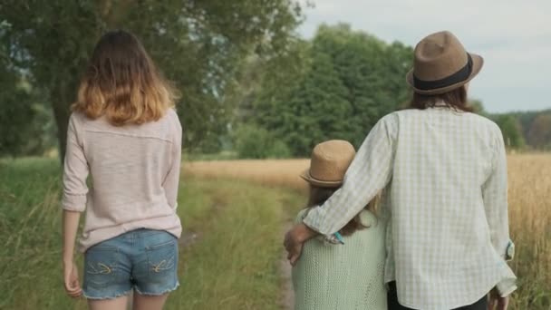 Family Mother Children Two Daughters Walking Together Country Road Back — Stock Video