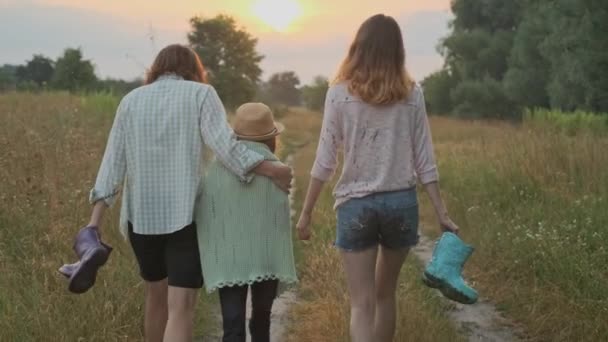 田舎道 バックビュー 夏の自然の背景 小麦畑 ゴールデンアワーに沿って一緒に歩く家族の母と子供2人の娘 — ストック動画