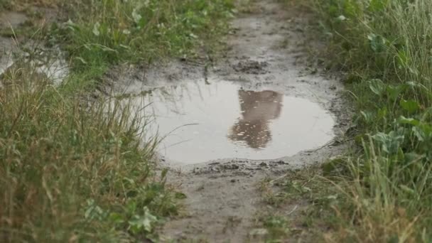 Närbild av benen i stövlar av flicka som körs på sommaren regn pöl — Stockvideo