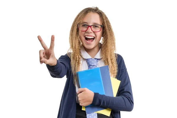 Retrato isolado de estudante mostrando sinal de vitória — Fotografia de Stock