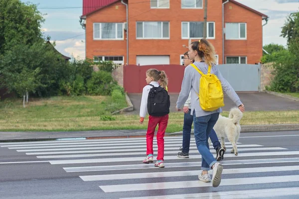 Groep van kinderen kruising weg op zebra crossing — Stockfoto
