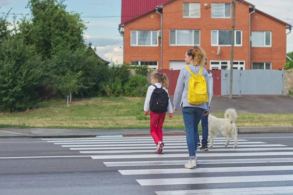 シマウマ交差点で道路を横断する子供たちのグループ — ストック写真