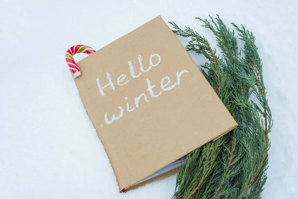 Hello tél, téli könyv a havas háttérrel, a fióktelep a ciprusok és a karácsonyi Candi vesszők. — Stock Fotó