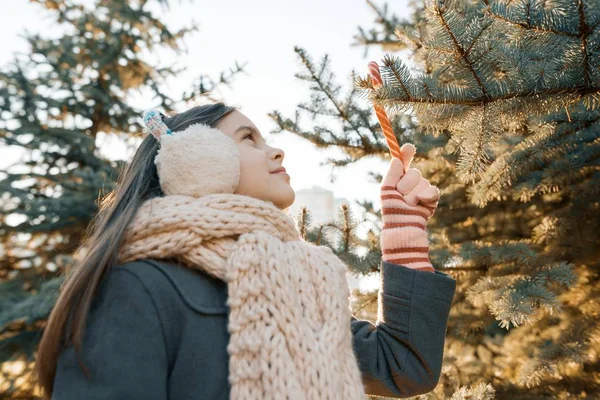 Retrato de invierno al aire libre de una niña sonriente cerca del árbol de Navidad con bastones de caramelo tradicionales, hora dorada —  Fotos de Stock