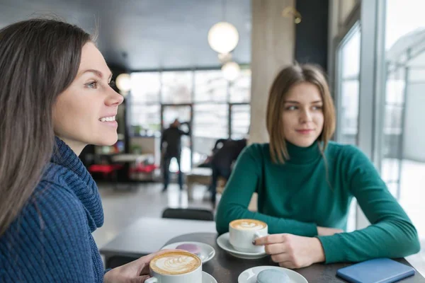 Dos mujeres jóvenes sonrientes en la cafetería con arte del café y macarrones en platos, chicas hablando, temporada de invierno vistiendo suéteres calientes — Foto de Stock