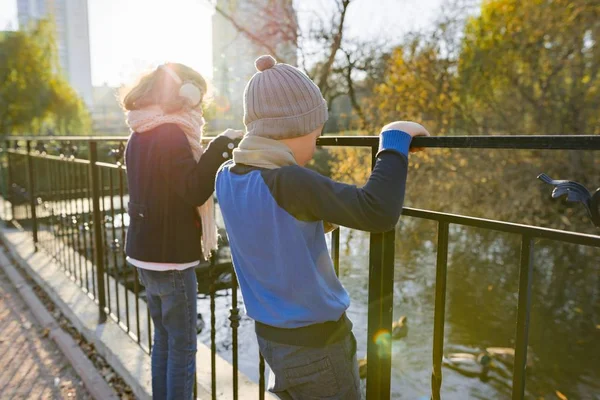 Dzieci chłopiec i dziewczyna stoi na moście, patrząc na kaczki — Zdjęcie stockowe