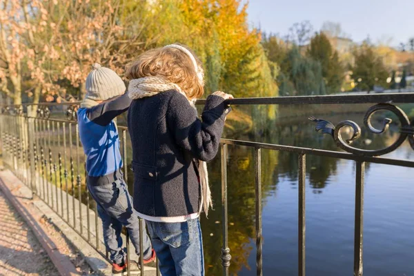 Niños niño y niña de pie en el puente, mirando patos — Foto de Stock