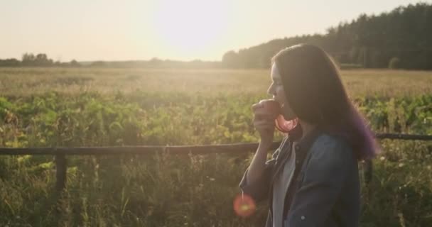 Joven hermosa chica caminando y comiendo manzana roja — Vídeo de stock