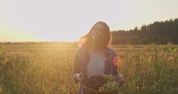 Kosz Żniwami Niebieskich Zielonych Winogron Rękach Młodej Dziewczynki Rustykalny Styl — Wideo stockowe