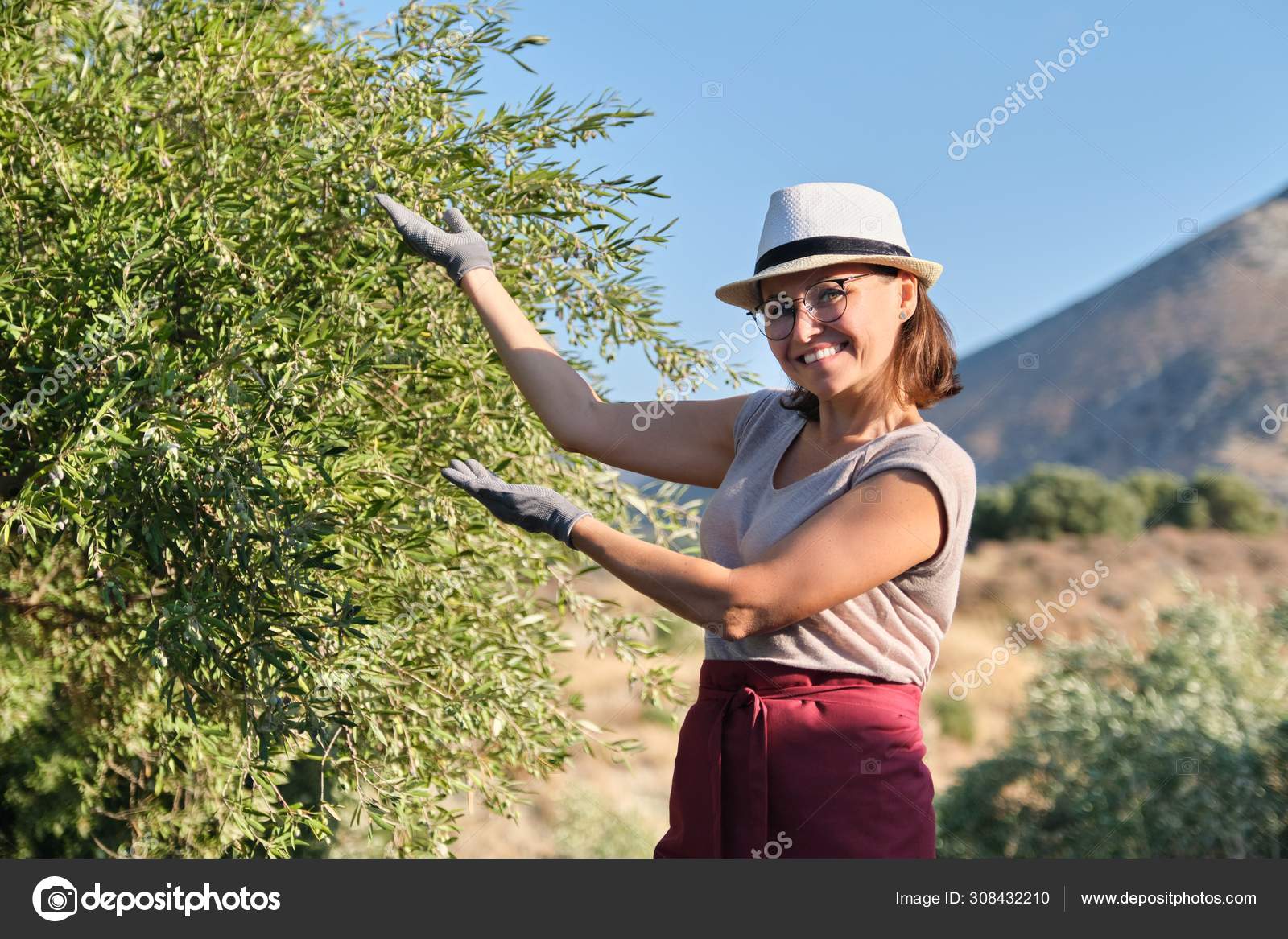 Smiling Woman Owner Of An Olive Garden Pointing To An Tree Stock