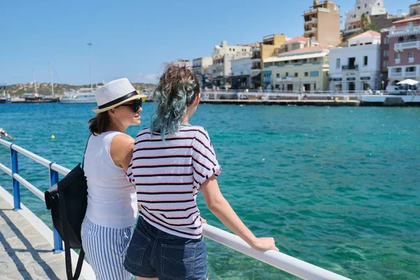 Mediterranean, people women back near sea promenade , — стоковое фото