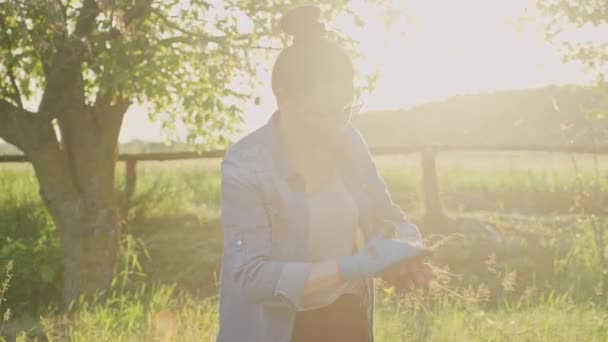 Feliz jardinero femenino con rábano fresco en el campo, cosecha, huerta, agricultura y concepto de comida natural saludable — Vídeo de stock