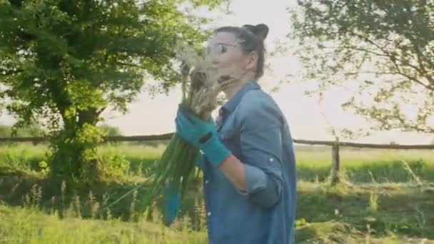 Feliz jardinero femenino con cebolla verde fresca caminando en el campo, cultivo, huerta, agricultura y alimentos naturales saludables — Vídeo de stock