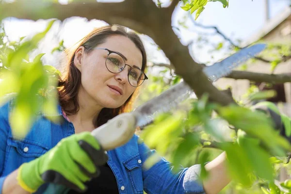 Vrouw tuinier in handschoenen met tuin zagen takken snoeien — Stockfoto