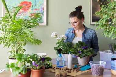 Saksı bitkileriyle ilgilenen, yeniden eken, gübre üreten bir kadın..
