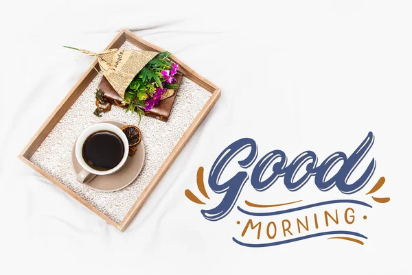 Fresh Morning Coffee Board Bed Sheet Text — Stock Photo, Image