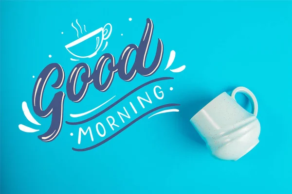 Blue Coffee Mug Blue Background Text Blank White Page — Stock Photo, Image