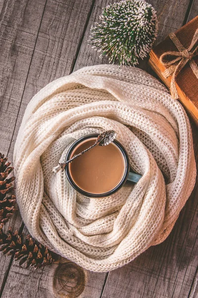 Hot Coffee Mug Wrapped Scarf Winter Days Christmas Tree Present — Stock Photo, Image