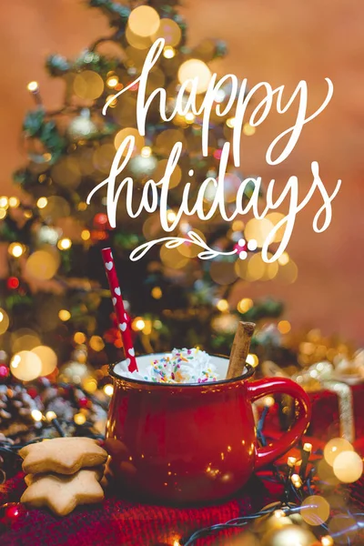 Red Mug Hot Coffe Christmas Lights Fresh Cookies Cream Cinnamon — Stock Photo, Image