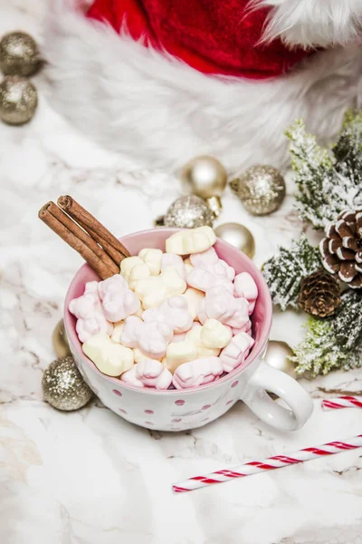 Pink White Mug Marshmallows Sugar Cane Marble Surface Pink Background — Stock Photo, Image