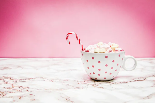 Pink White Mug Marshmallows Sugar Cane Marble Surface Pink Background — Stock Photo, Image