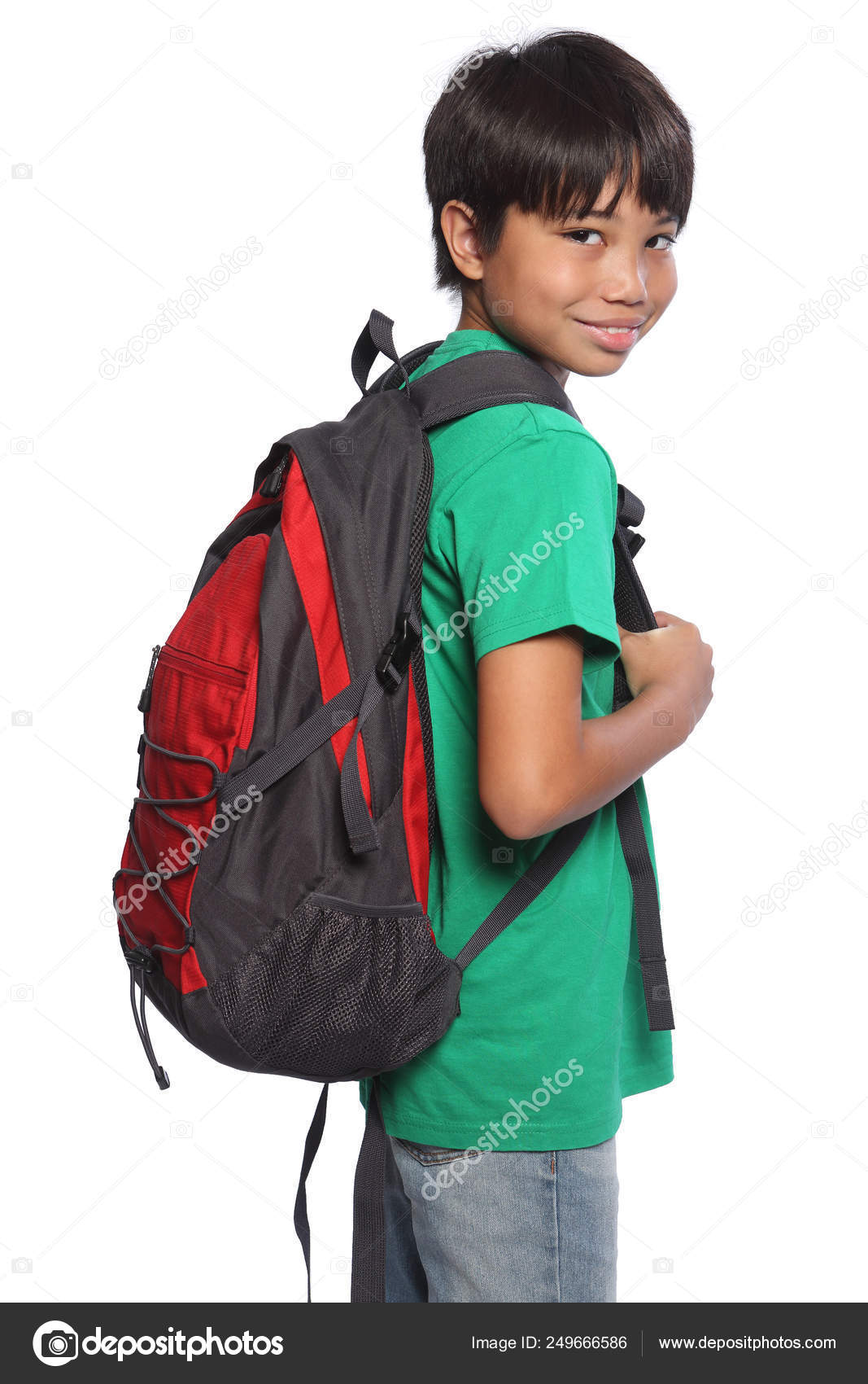 Mixed race oriental school boy with red backpack — Stock Photo