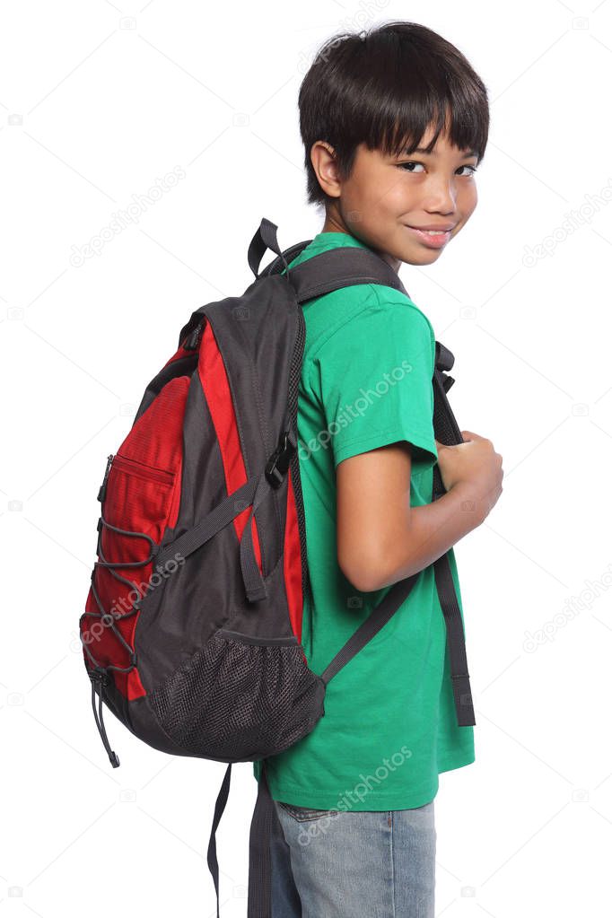 Mixed race oriental school boy with red backpack