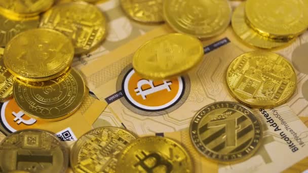 Makro Zwolnionym Tempie Przyszły Cyfrowy Bank Systemu Bitcoin Metalowych Monet — Wideo stockowe