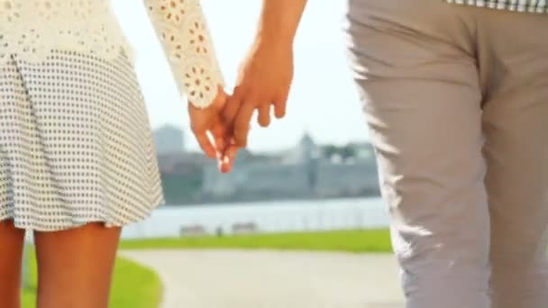 Closeup Backside View Young Couple Love Walk Park Joining Hands — Stock Video