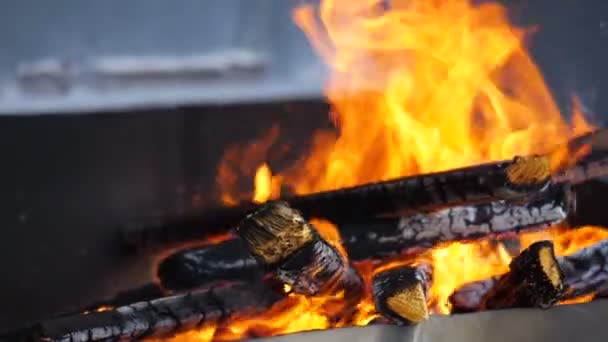 Slow Motion Wood Bars Covered Hot Red Flames Fire Burning — Stock Video