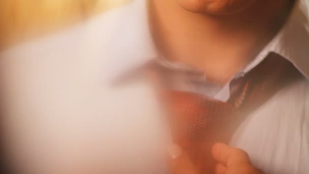 Gros plan attentif femme liens mari cravate rouge sur chemise blanche classique se préparant pour la journée de travail le matin 