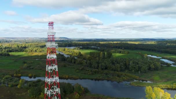 Πύργος φέρει ηλεκτρικοί αγωγοί ενάντια σε καταπράσινο τοπίο — Αρχείο Βίντεο