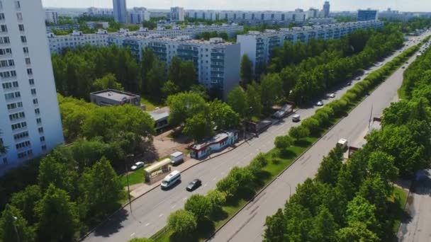 Brede laan die door bomen wordt omgeven kruist grote stad — Stockvideo