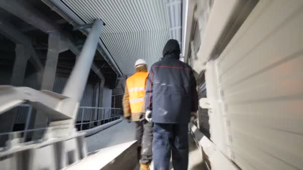 Closeup Backside View Employees Protective Outfit Walk Thermoelectric Power Station — Stock Video