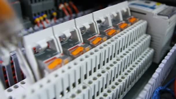 Närbild Yrkesarbetare Installerar Prydligt Vit Plast Elektriska Spaken Modern Växel — Stockvideo